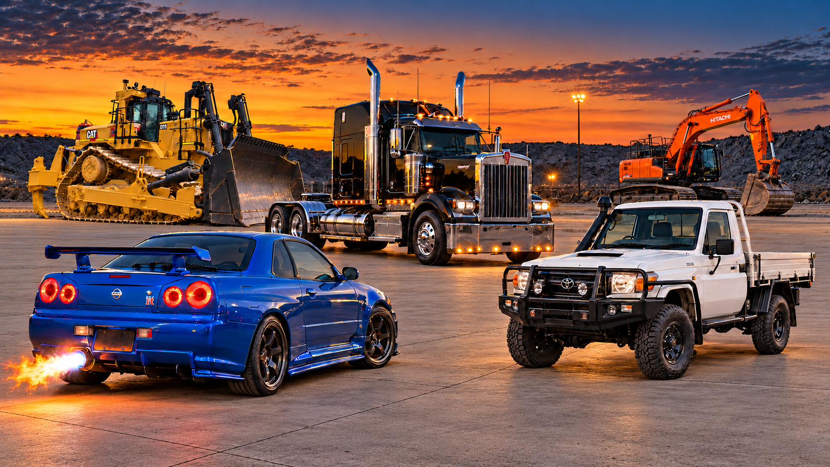 Yarrow Field Maintenance fleet — Nissan GT-R, Toyota LandCruiser, Kenworth semi, CAT dozer and Hitachi excavator at sunset